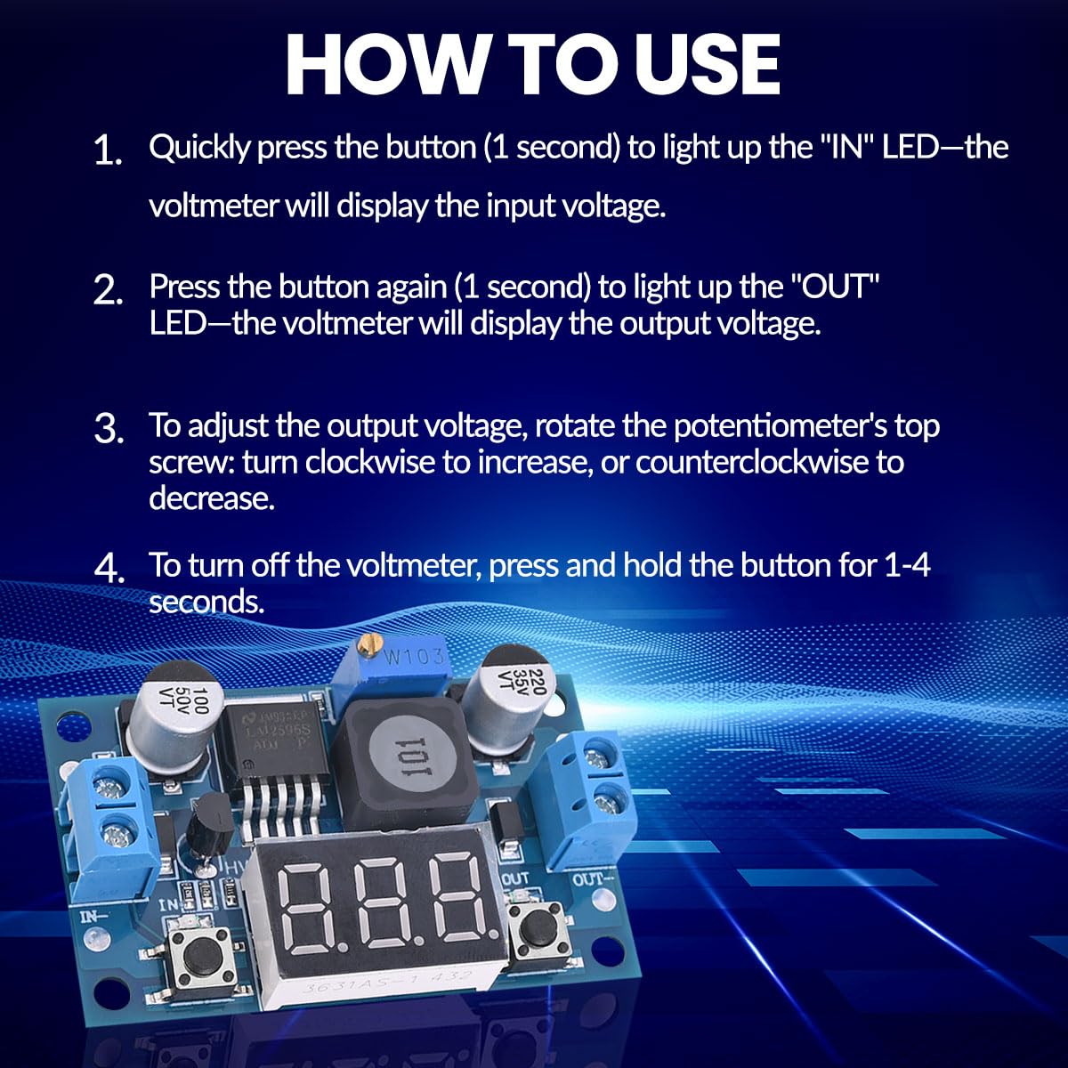 Seloky LM2596 Adjustable DC-DC Step-Down Buck Converter Module with LED Voltmeter Display, Voltage Regulator 4.0-40V Input to 1.25-37V Output Power Supply Module (Pack of 2)