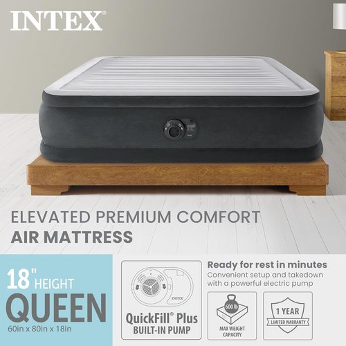 Intex Dura-Beam Deluxe Comfort-Plush Elevated Air Mattress - Queen Size with Built-in Electric Pump - 18" High, 600lb Capacity