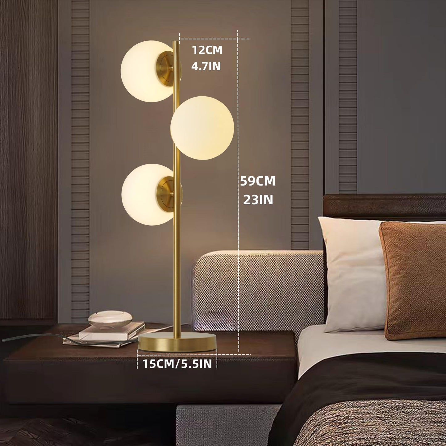 Kardleen Mid Century Modern Table Lamp White Glass Shade Nightstand Light for Bedroom Offices 3 Globe Table lamp Gold LED lamp