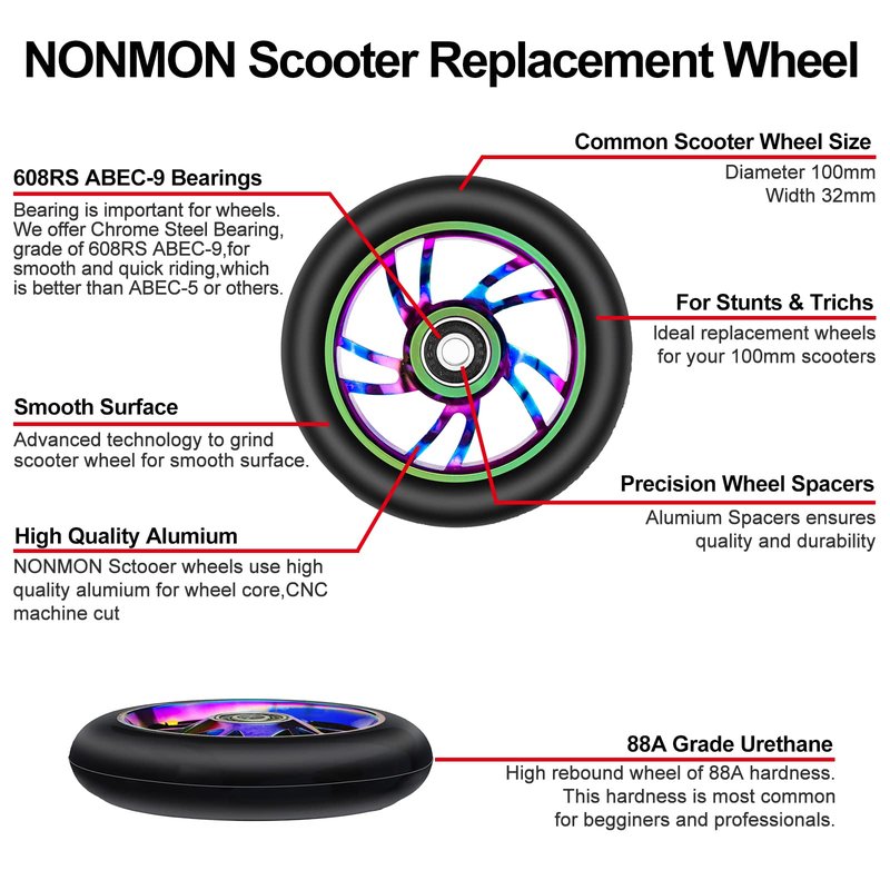 NONMON 2 Pack 100mm Scooter Wheels,88A Replacement Scooter Wheel with ABEC-9 608RS Bearings Installed for Pro Scooters Kick Scooters, Multi-Color