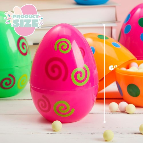 JOYIN 12 Pcs Large Printed Easter Eggs, 6 Inches Jumbo Plastic Eggs Fillable for Easter Themed Hunt Basket Stuffers Fillers Filling Treats Party Favor Classroom Prize Supplies