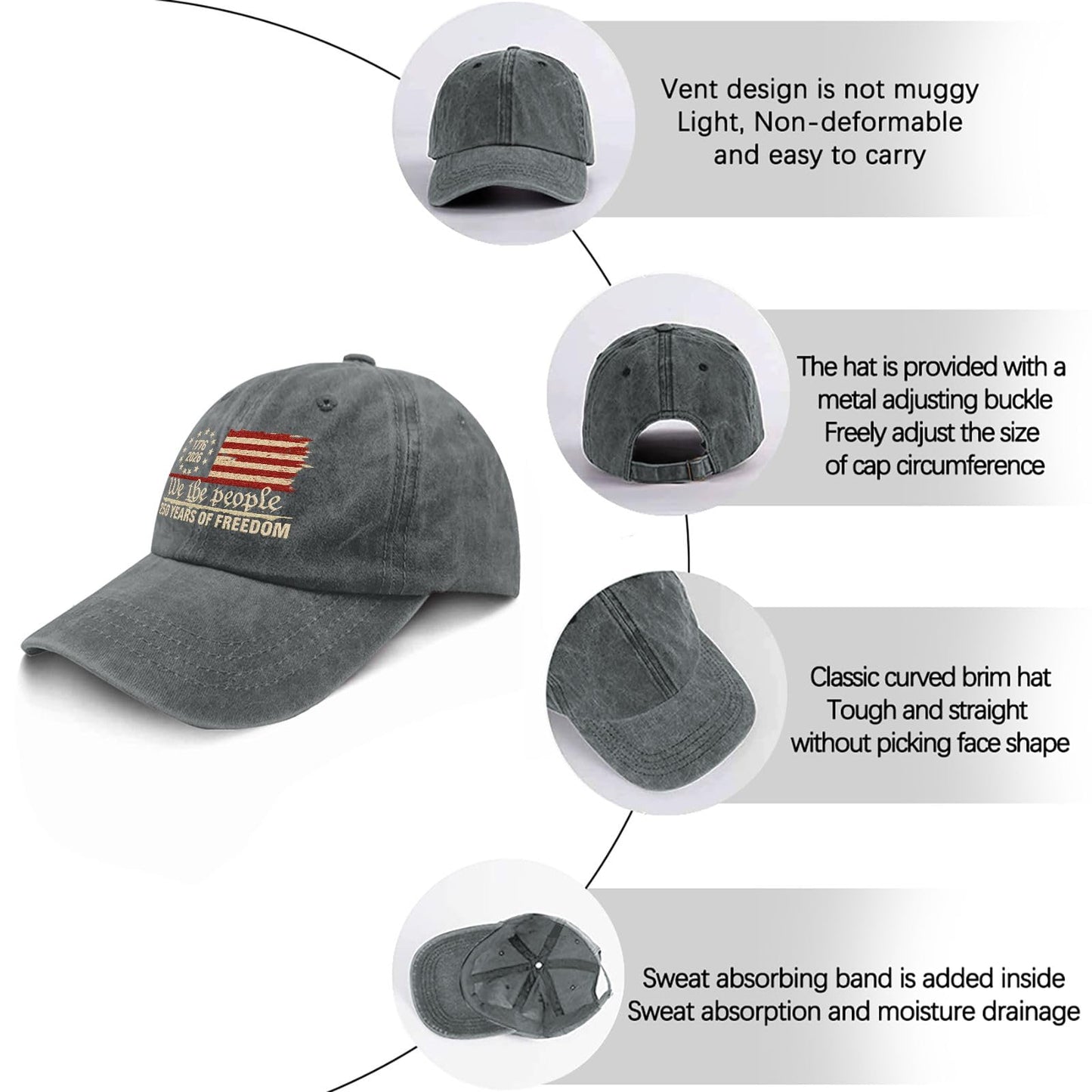 U.S. 250th Anniversary Embroidered Baseball Cap – 250 Years of Freedom 1776-2026 Patriotic Hat in Gray