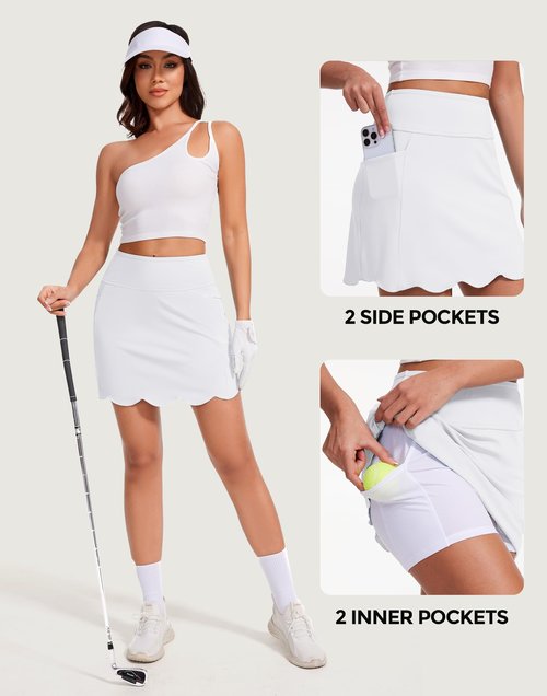 M MOTEEPI Skorts for Woman with Pockets 16" Golf Athletic Skirts Scalloped Hem Tennis Skirt Tummy Control Women's Skort Dressy Casual White M
