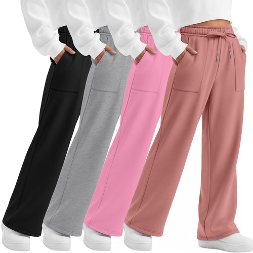 LessonZoo 4 Pack Girls' Straight Leg Sweatpants, Kids Drawstring Casual Joggers Teen Loose Open Bottom Pants with Pockets(Coral Pink, Pink, Light Gray, Black,Large)