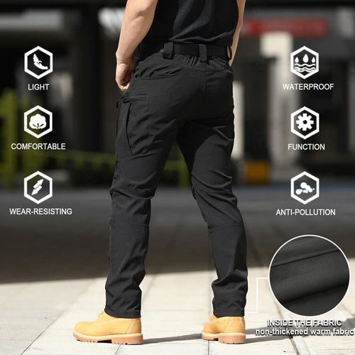FLYFIREFLY Men's Tactical Cargo Pants Water Resistant Ripstop Outdoor Quick Dry Hiking Work Pants with Pockets(No Belt) Black