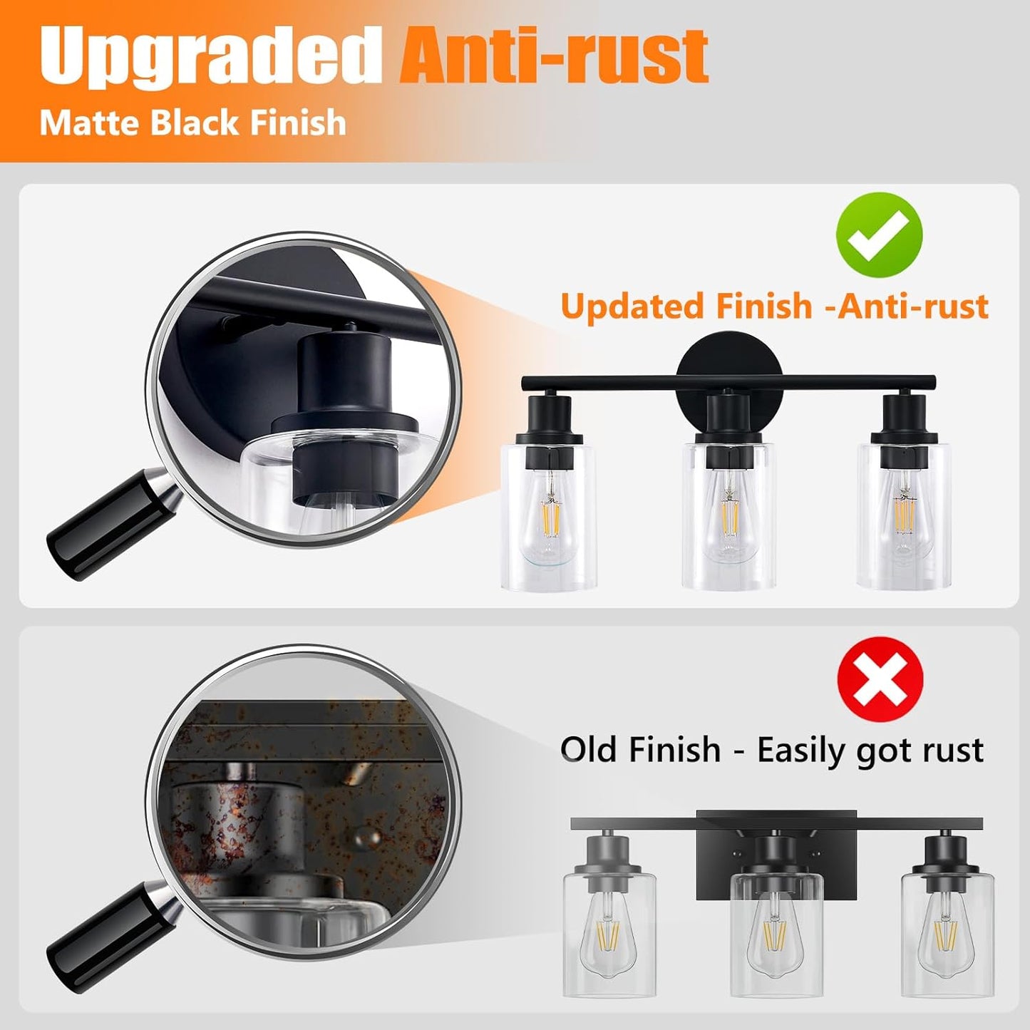 Modern Black 3-Light Bathroom Vanity Light Fixture with Clear Glass Shades - 2 Pack