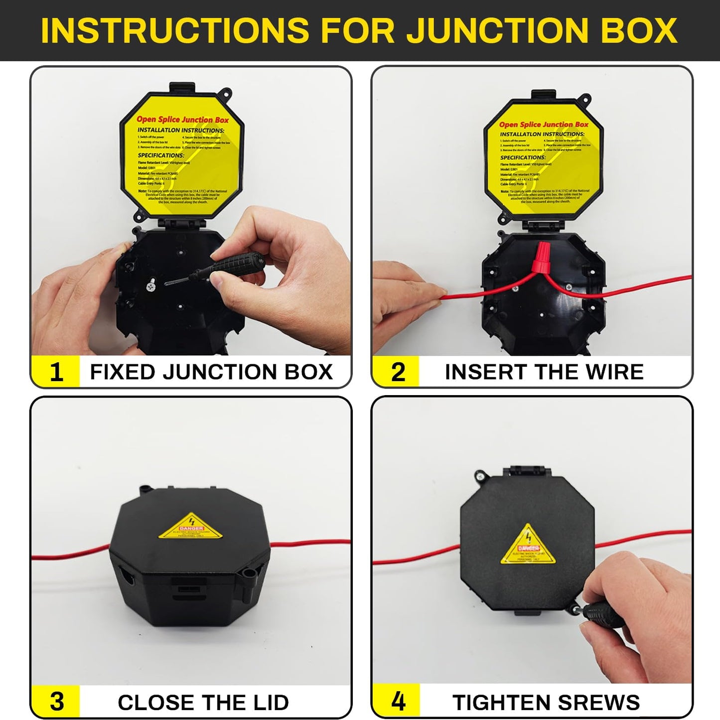 MIARALA Black Open Splice Junction Box (Single), Electrical Splice Box Wire Junction Box with Cover V0 Flame Retardant Rating(Highest Level)