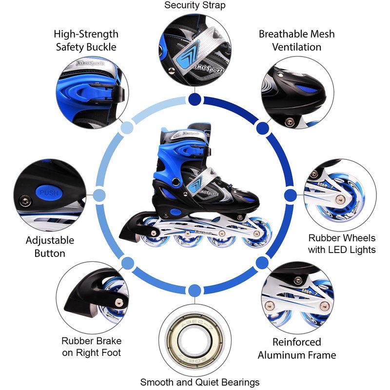 XINO SPORTS Adjustable Inline Skates for Boys and Girls - Pro Quality - Beginner Friendly with Illuminating LED Light-Up Wheels, for Indoor and Outdoor Skating (Blue, Large 5-8)