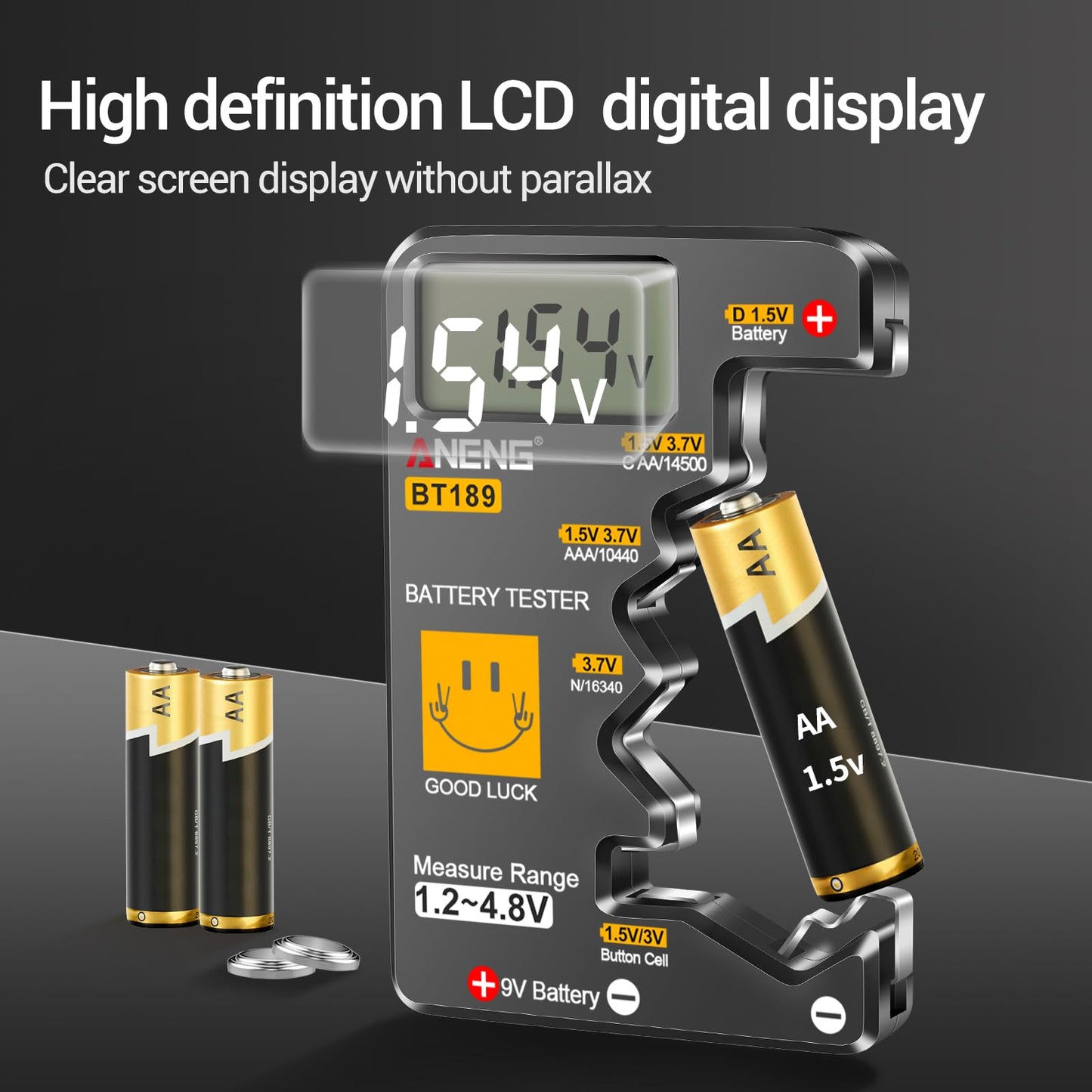 ANENG BT189 Battery Tester for AAA,AA,C,D,9V,F,6F22,1.5V/3V Button Batteries,LCD Display Household Battery Detector,Detects Battery Power by Voltage,Universal Battery Checker