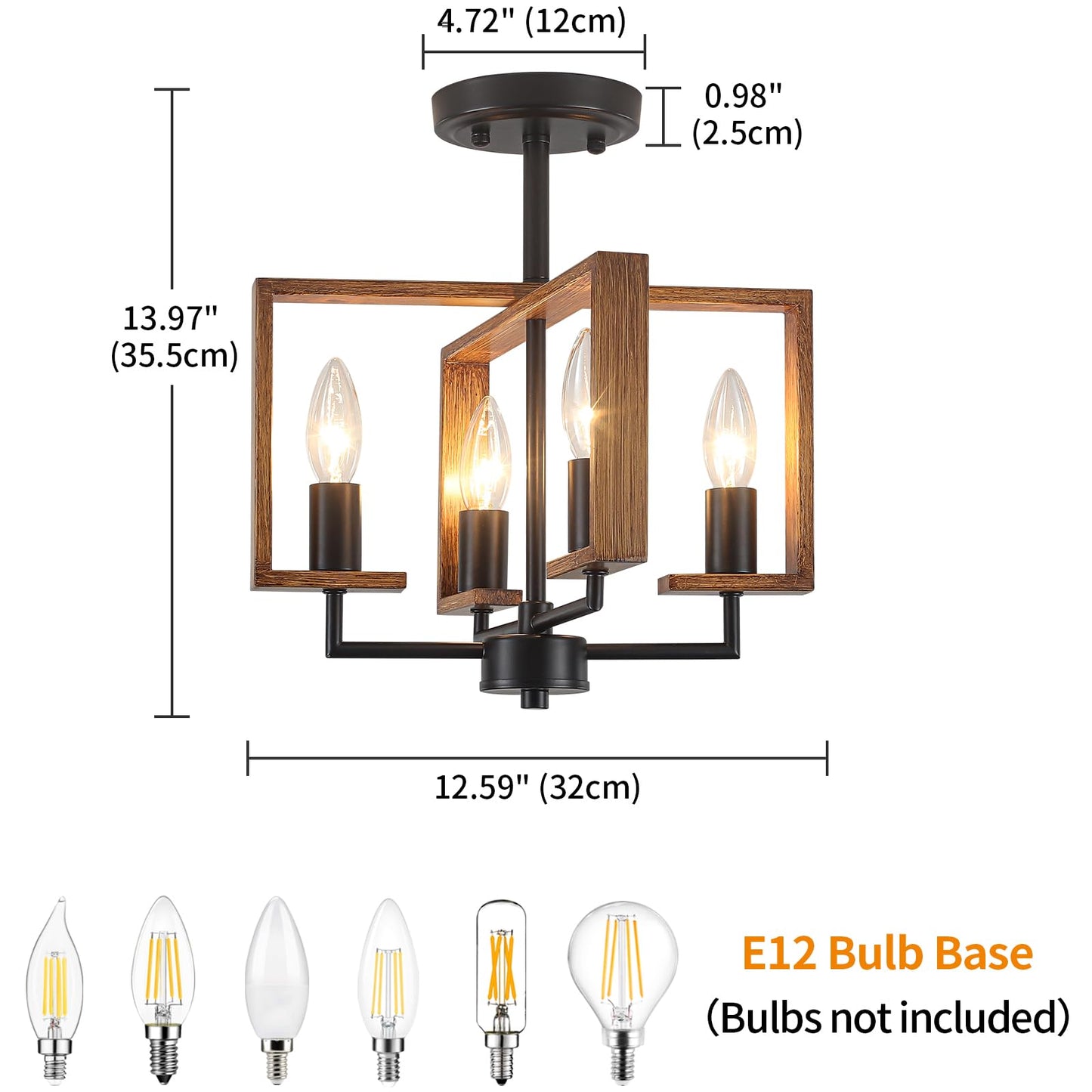 4-Light Semi Flush Ceiling Light, Farmhouse Ceiling Light Fixture Wood Hallway Light Fixture for Kitchen Island Dining Room Entryway Laundry Room Bedroom