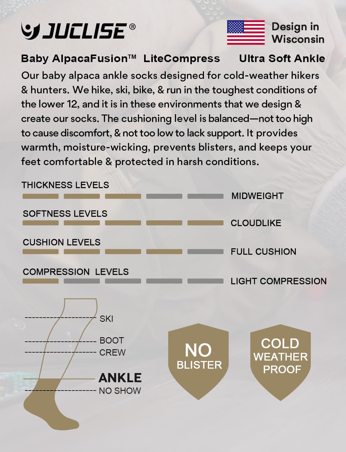 Juclise Alpaca Wool Ankle Socks Moisture Wicking Anti-Blister Lightweight Breathable Golf Hiking Cushion Socks Men Women L, Pebble Grey