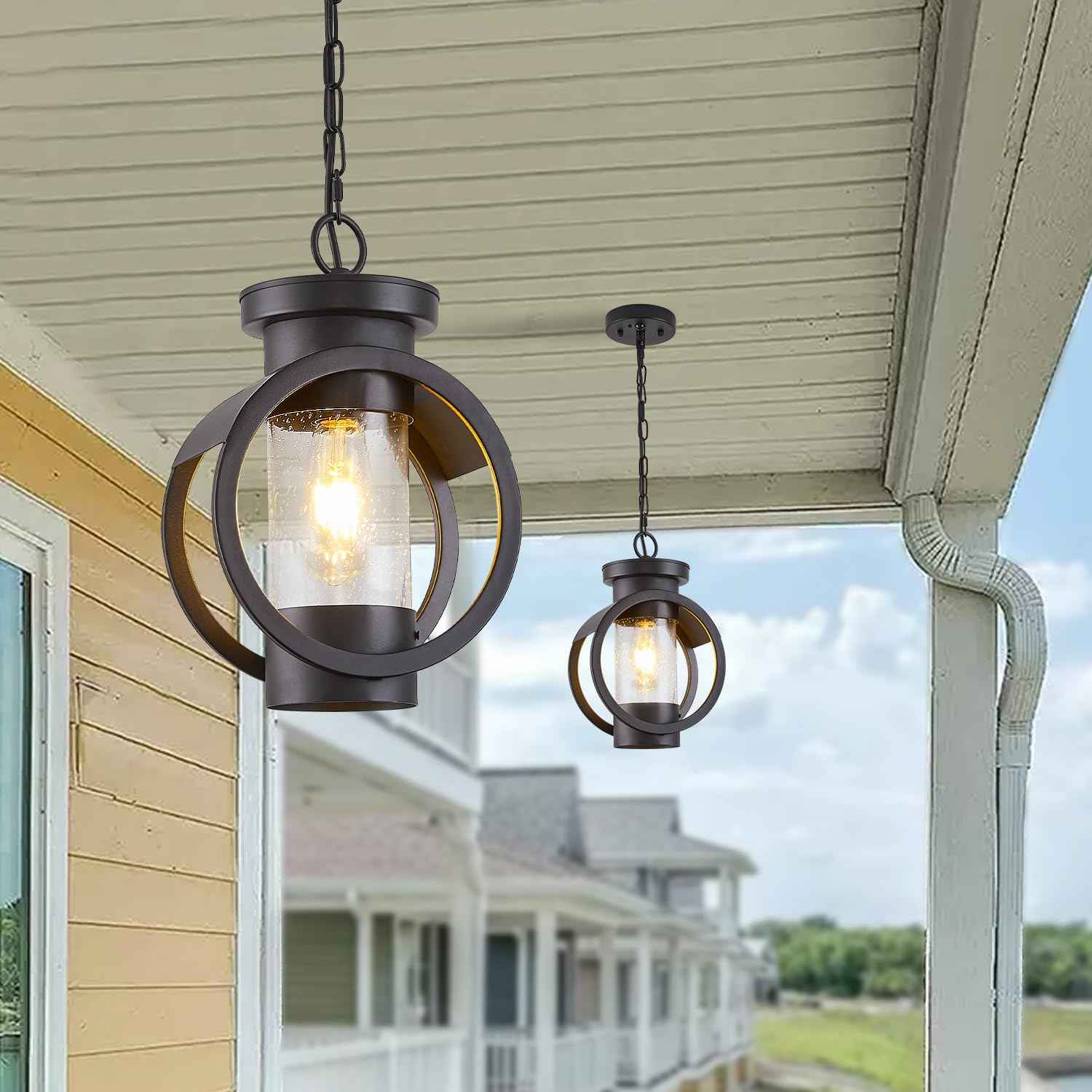 Motion Sensor Outdoor Pendant Light Fixture, Farmhouse Exterior Hanging Lamp with Adjustable Chain, Anti-Rust Aluminum Outdoor Chandelier, Large Exterior Ceiling Mount Hanging Light for Entryway,Porch