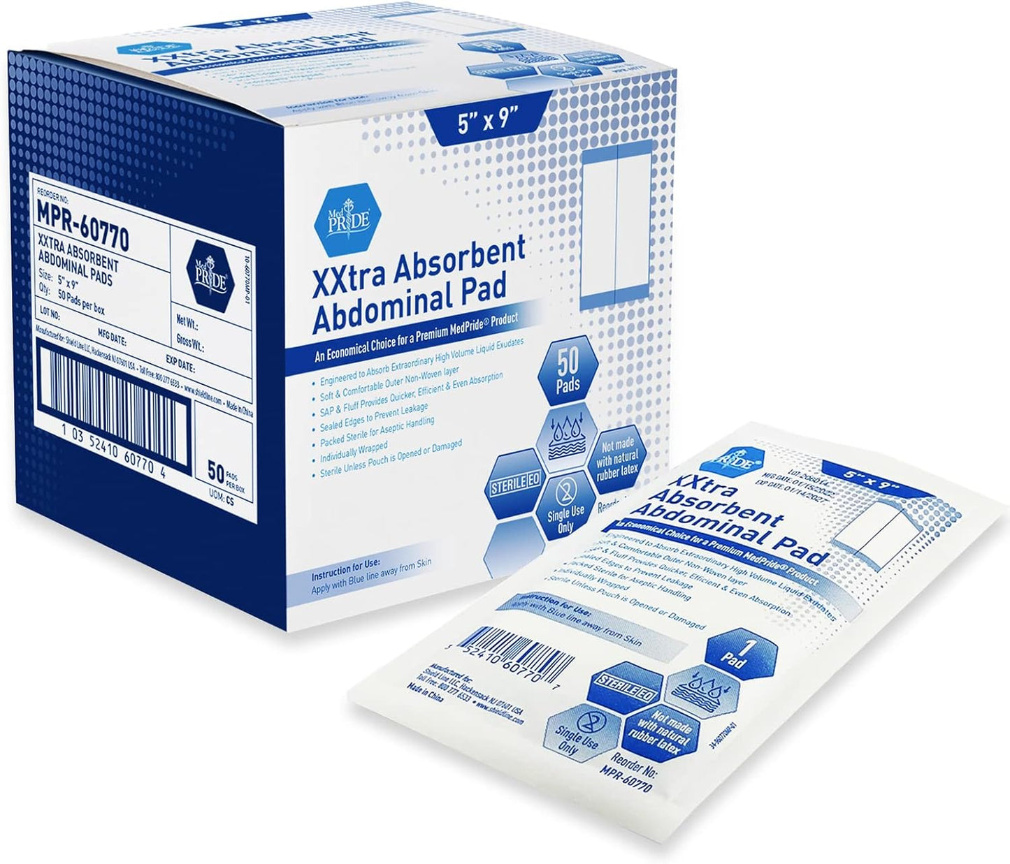 Med Pride Sterile Abdominal Pads - Ultra-Absorbent, Latex-Free, 5”x9” | 50 Individually Wrapped Pads