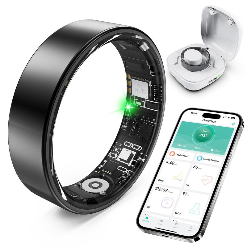Smart Ring with Sleep Monitoring, Step Counting, Heart Rate, Blood Oxygen, Blood Pressure for iPhone and Android, No Subscription Fee, IP68 Waterproof Health Tracker (Black, 7)