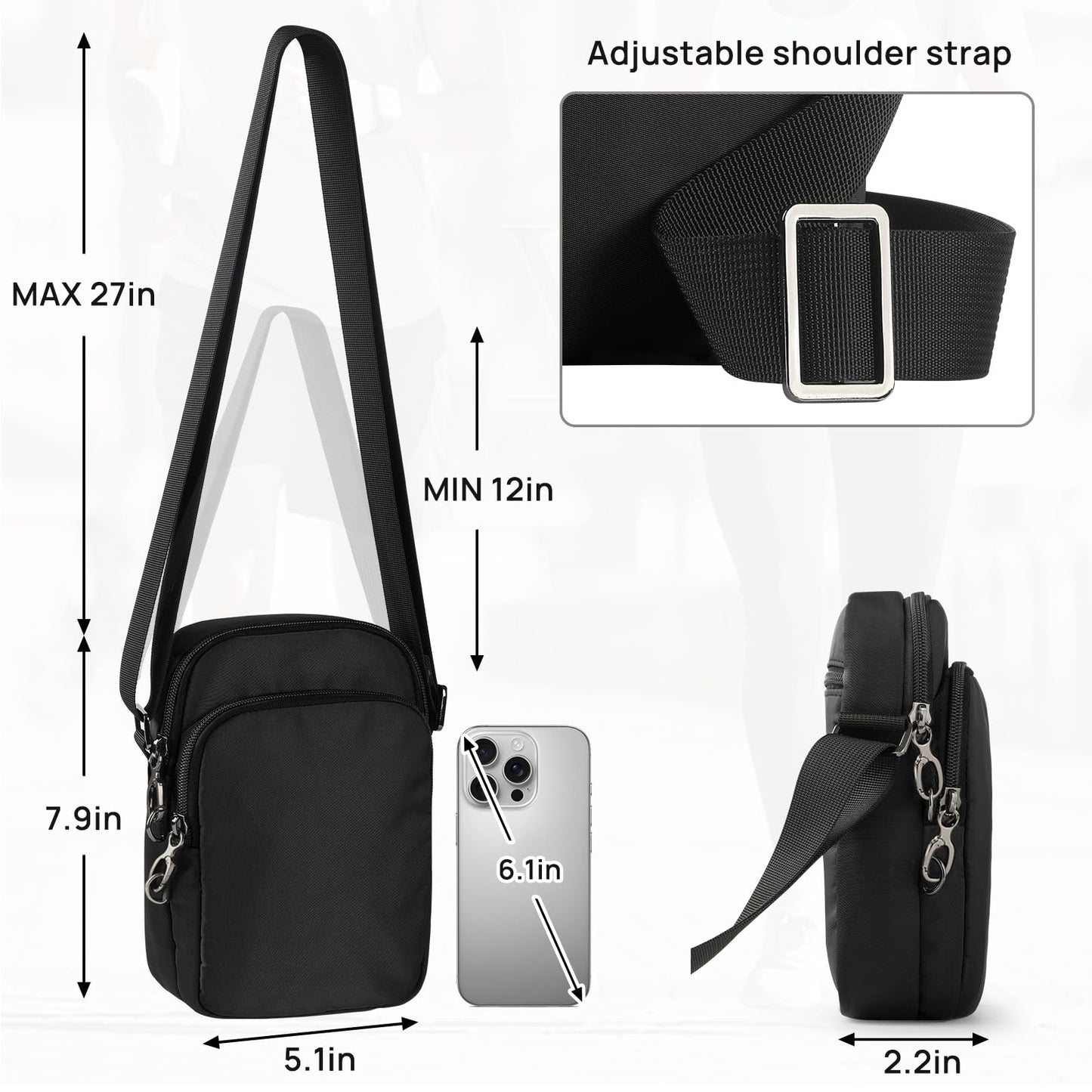 VADOO Sling Bag for Men Women, Anti Theft Crossbody Shoulder Bag with Zipper Lock, RFID Blocking & Waterproof for Travel Casual(Black)