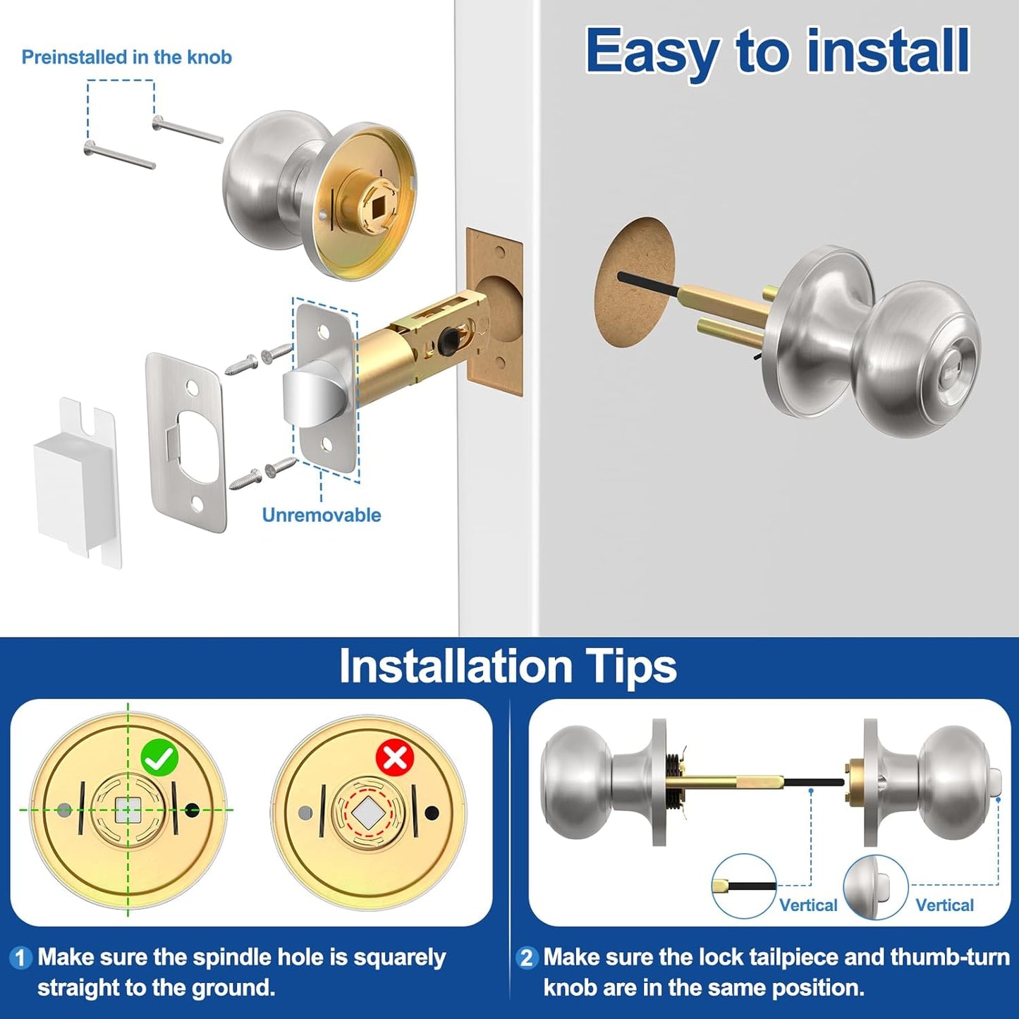Brushed Nickel Privacy Door Knob Set - Keyless Interior Locks for Bedroom & Bathroom (6 Pack)