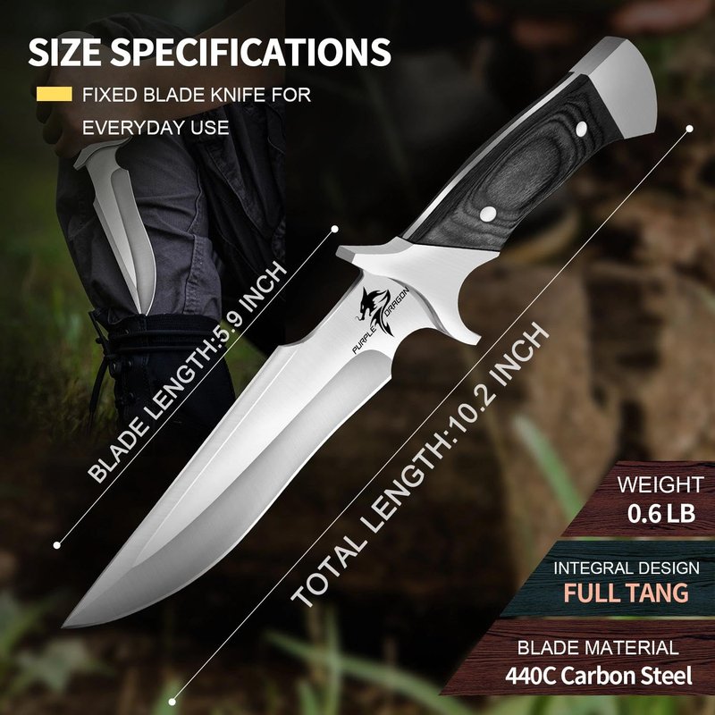 Purple Dragon Camping Fixed Blade Knife with Sheath,6 Inch Outdoor Knife Full Tang 440C Steel Bushcraft Knives with Redwood Handle-Outdoor Gear Christmas Gift for Men and Women Black