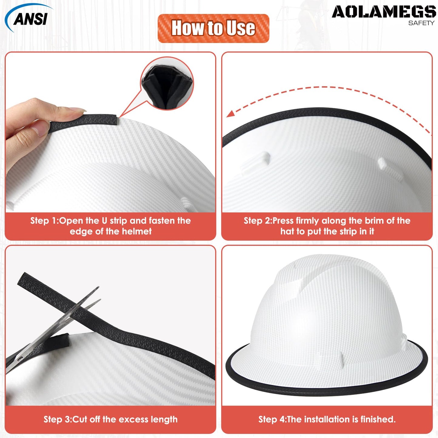 Aolamegs Safe Full Brim Hard Hat Guard, Hard Hat Accessories, Strengthen Helmet Protection, 1PCS Length 36.6in, Matte Black (Hardhat Not Including