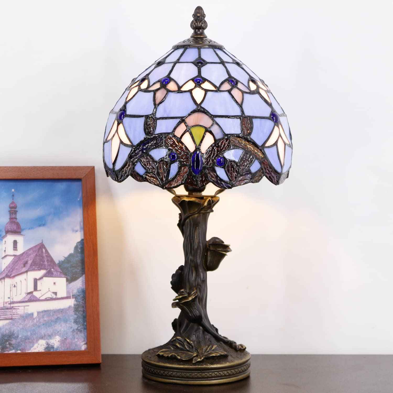Small Tiffany Lamp Stained Glass Table Lamp Blue Baroque Style Bedside Desk Light Mini Accent Desk Memory Lamp 8X15 Inch