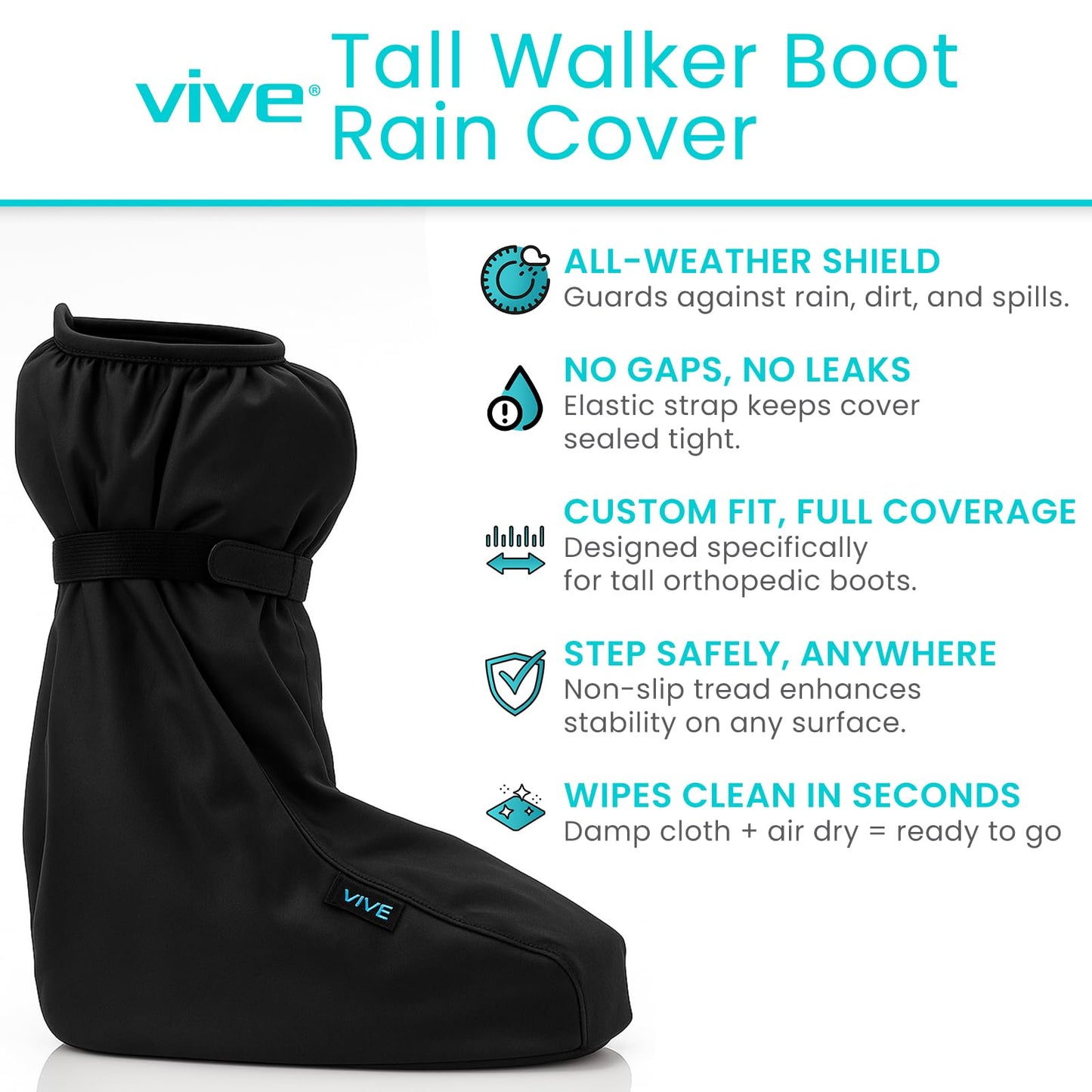 Vive Tall Walking Boot Cover Waterproof - for Medical Orthopedic Brace & Cast, Fractured Foot Accessories - Prevents Moisture, for Outdoor, Rain, Snow Protection - Non-Slip, Adjustable (Large)