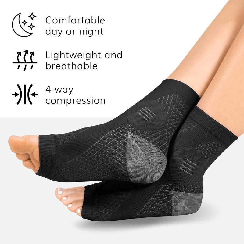 BraceAbility Neuropathy Socks (3 Pairs) - Multipack Peripheral Compression Diabetic Toeless Foot Sleeves for Nerve Damage in Feet, Ankle Gout, Plantar Fasciitis Relief for Men and Women (L - Black)