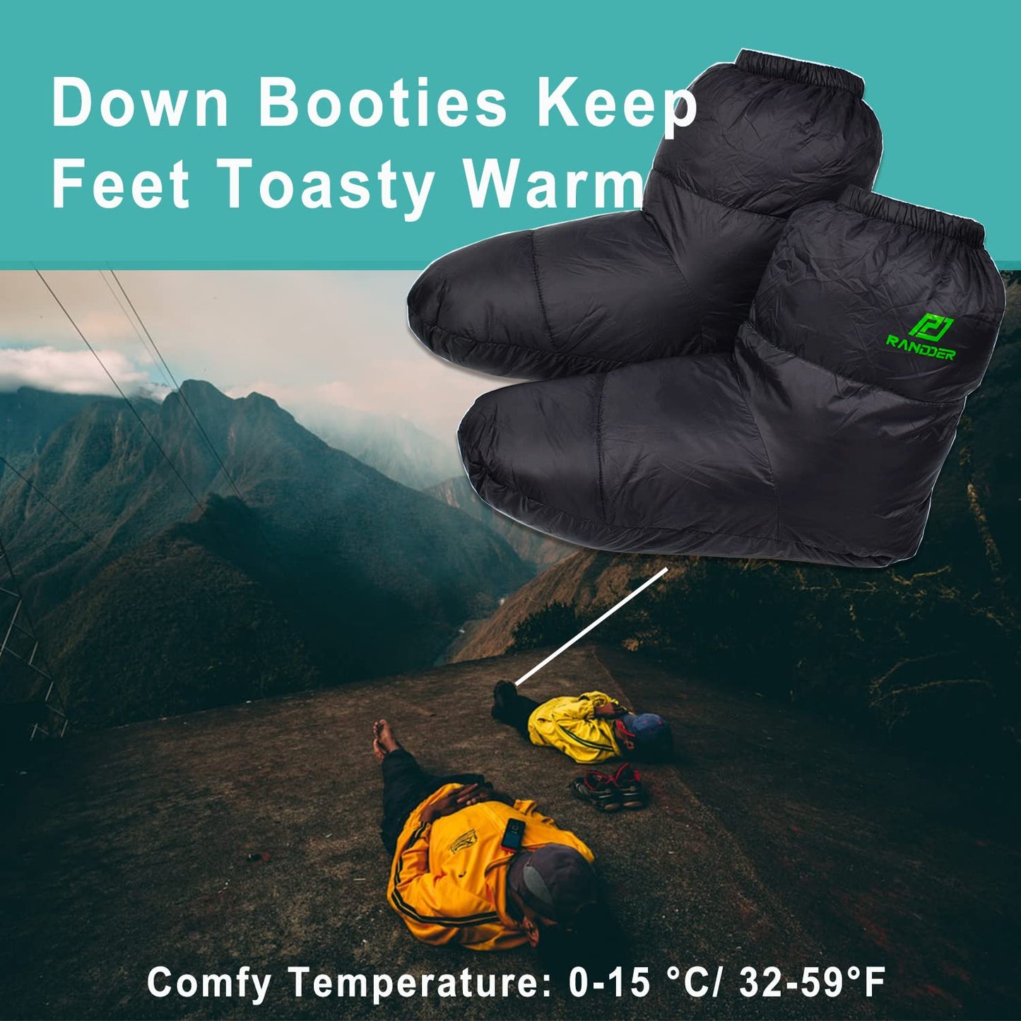 RANDDER Down Booties Warm Socks for Men & Women - Ultralight Sleeping Sock for Camp, Backpacking - Soft & Cozy Camping Sleeping Bag Tent Down Slippers Foot Warmer (Black, Small)