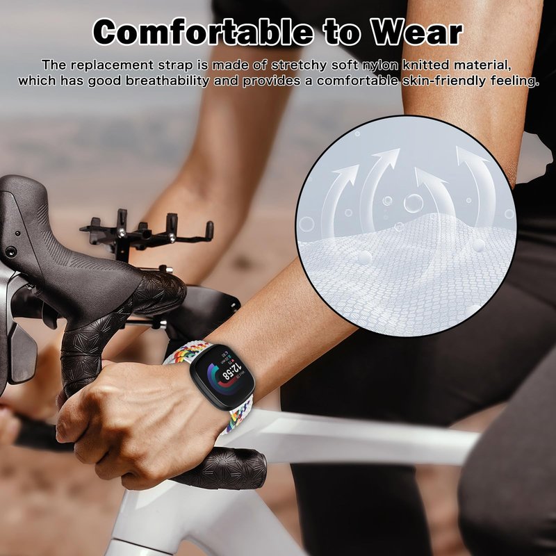 MokaZii Magnetic Braided Compatible with Fitbit Versa 4/3/Sense 2 /Sense for Men Women, Nylon adjustable Breathable Replacement Stretchy Elastic Sport Strap for Fitbit Versa 4/3/sense - White Rainbow
