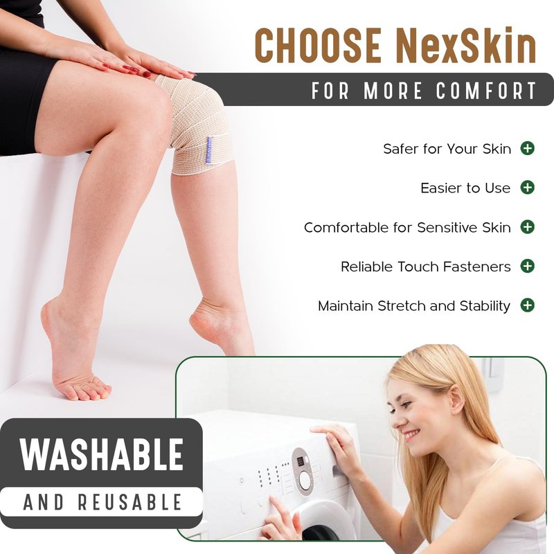 Premium Elastic Bandage Wrap (4” Wide, 6 Pack) - Nexskin Latex Free Athletic/Medical Compression Bandages Hook & Loop Fasteners at Both Ends - Lifetime Washable & Reusable Bandages