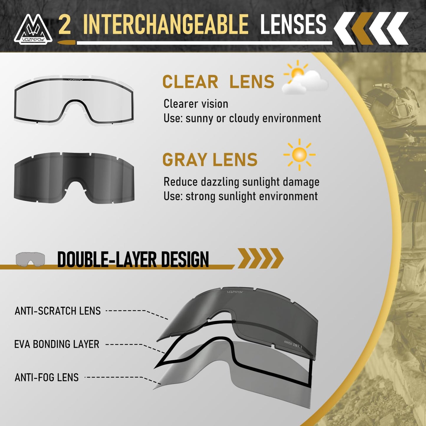 VOZAPOW Airsoft Goggles Anti Fog with ANSI Z87.1 Certified, Safety Goggles Impact Resistant, Tactical Shooting Glasses