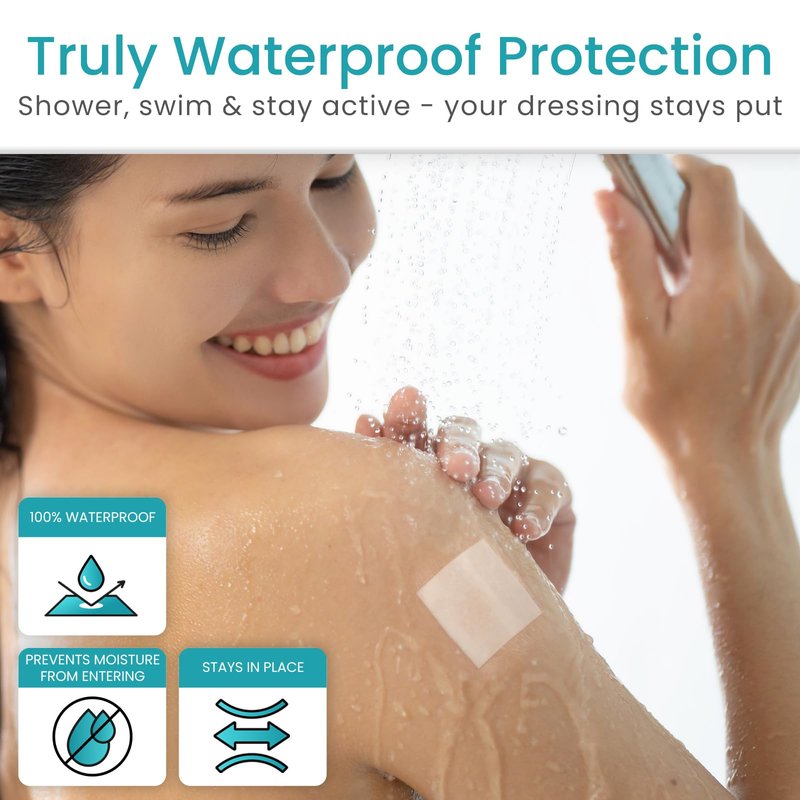 ViveCare Transparent Film Dressing (50 Pack) - Waterproof, Transparent Adhesive Bandages (4" x 4 3/4") - Clear Film Wound Cover Patch - Surgical Wound Bandage - Shower Shield for Wounds & Tattoos