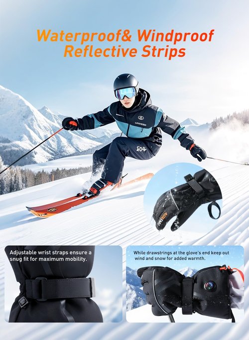 Heated Gloves for Men Women, Auxemu 7.4V Fast Heating 8H Warmth Heated Gloves with Visual Button Touchscreen/Reflective Strip/Waterproof for Motorcycle Riding, Skiing, Outdoor Work(Black, M)