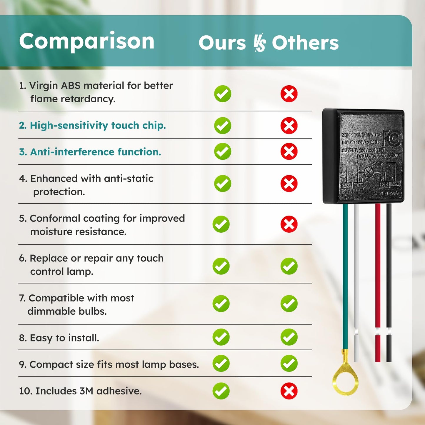 Touch Lamp Control Module 3 Way Dimmable Touch Lamp Sensor Replacement with Wiring Caps, Touch Lamp Switch Replacement Kits Touch Dimmer Switch for Lamp Fit Dimmable LED Bulbs