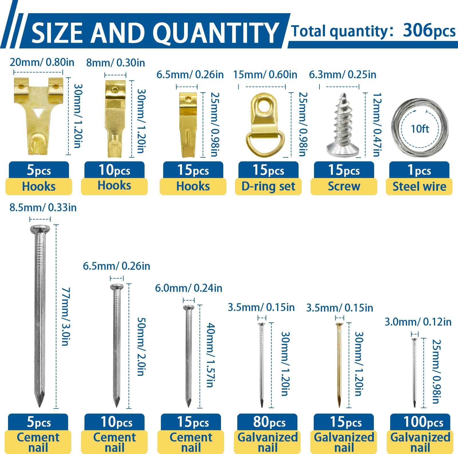 308Pcs Picture Hanging Kit, Hanging Hardware with Hooks, D Ring, Nails, Wire Wall Hanging Kits with Magnetic Level, Small Pink Claw Hammer for Hanging Pictures Frame Painting Home Office Wall Decor