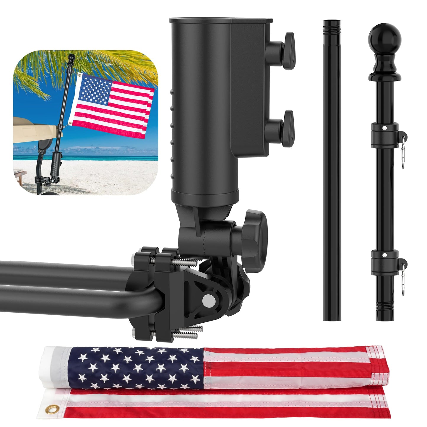 10L0L Golf Push Cart Umbrella Holder - 180 Degree Rotating Flag Mount for Golf Carts, Universal Adjustable Clamp for Yamaha/EZGO/Club Car, Includes USA Flag (Heavy Duty)
