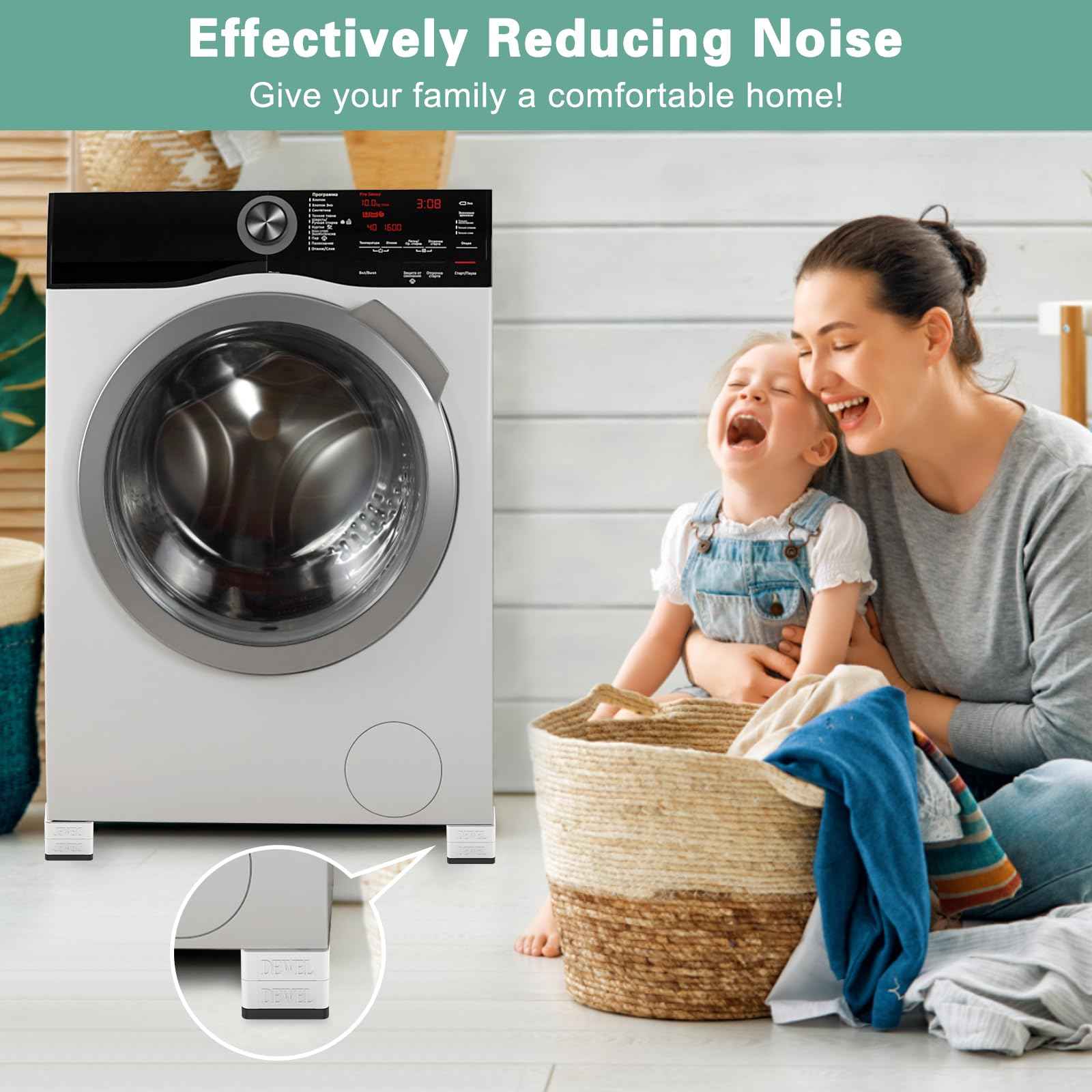 DEWEL Anti Vibration Pads for Washing Machine, 8 Pcs Washer and Dryer Pedestals Stackable Double Heighten Rubber Anti Vibration Pads, Shock Absorption & Non-Slip Floor Protection for Laundry Room