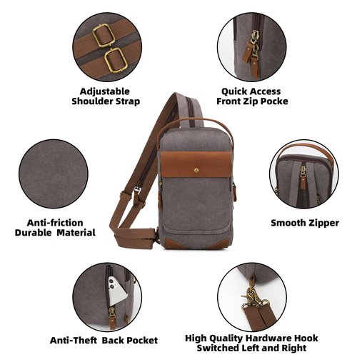 KL928 Canvas Sling Bag for Men Women, Casual Crossbody Backpack Travel Shoulder Daypacks Rucksack, Dark Grey