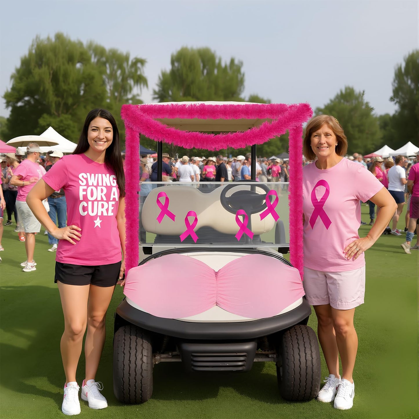 Suncalla Breast Cancer Awareness Golf Cart Decorations Kit Large Bra Shaped Balloon Decoration Feather Boa Pink Ribbon Stickers for Breast Cancer Awareness Themed Decor Women