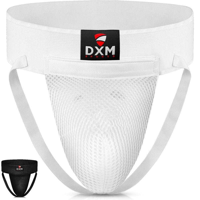 DXM SPORTS Boxing Groin Protector Men – Adjustable Groin Guard for Kickboxing, Taekwondo Sparring Gear, Muay Thai, Martial Arts Training (White, Medium)