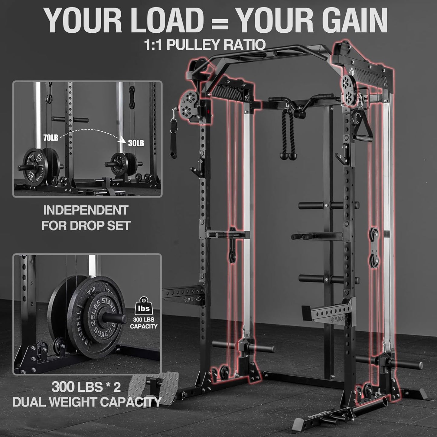 Mikolo Power Cage - 2000LB Power Rack with Dual Pulley System | Multi-Function Home Gym Equipment