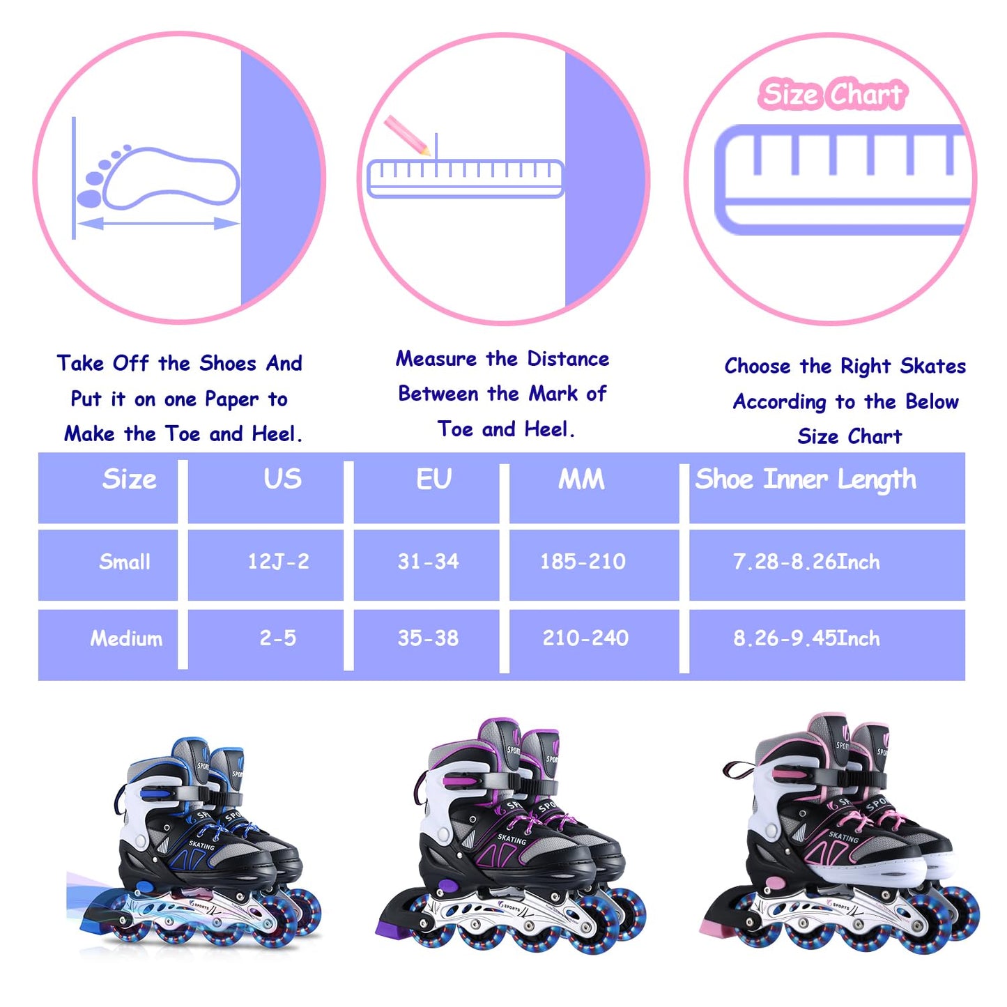 Inline Skates for Kids Girls Boys Beginners, 4 Size Adjustable Size with Light Up Wheels for Children. (Blue, Medium(2-5))