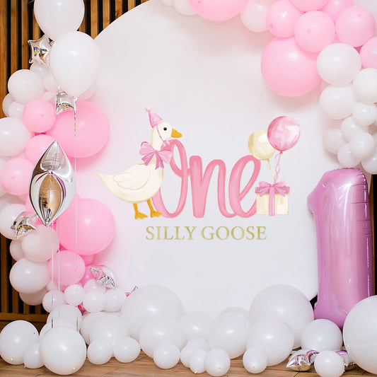 JarThenaAMCS One Silly Goose Party Decal Sign Pink First Birthday Wall Sticker Pink Bow Goose Sweet Party Backdrop Photo Prop for 1st Girl Birthday Balloon Arch