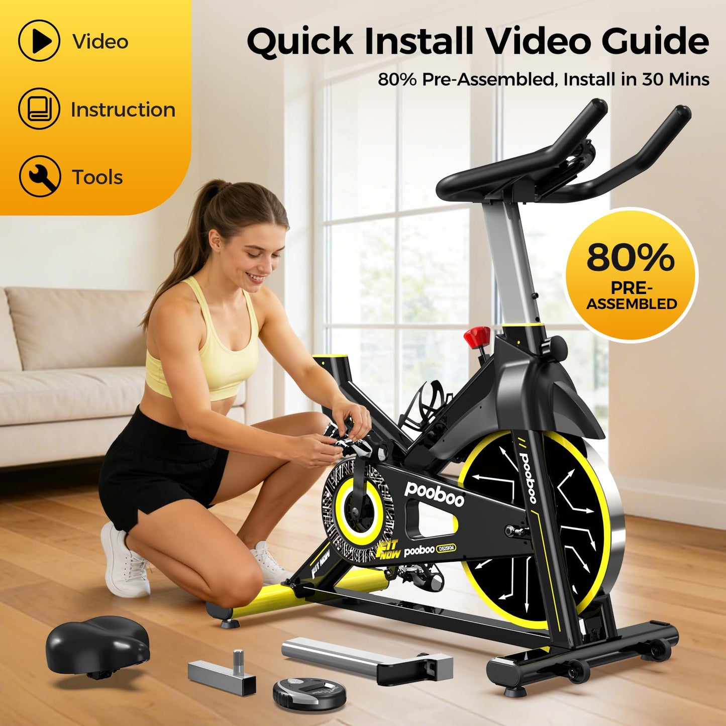 POOBOO Magnetic Exercise Bike, Quiet Stationary Bike with APP and 350lbs Weight Capacity, Indoor Cycling Bike with LCD Monitor and Tablet Holder, Heavy Duty Workout Bike for Home Gym Weight Loss