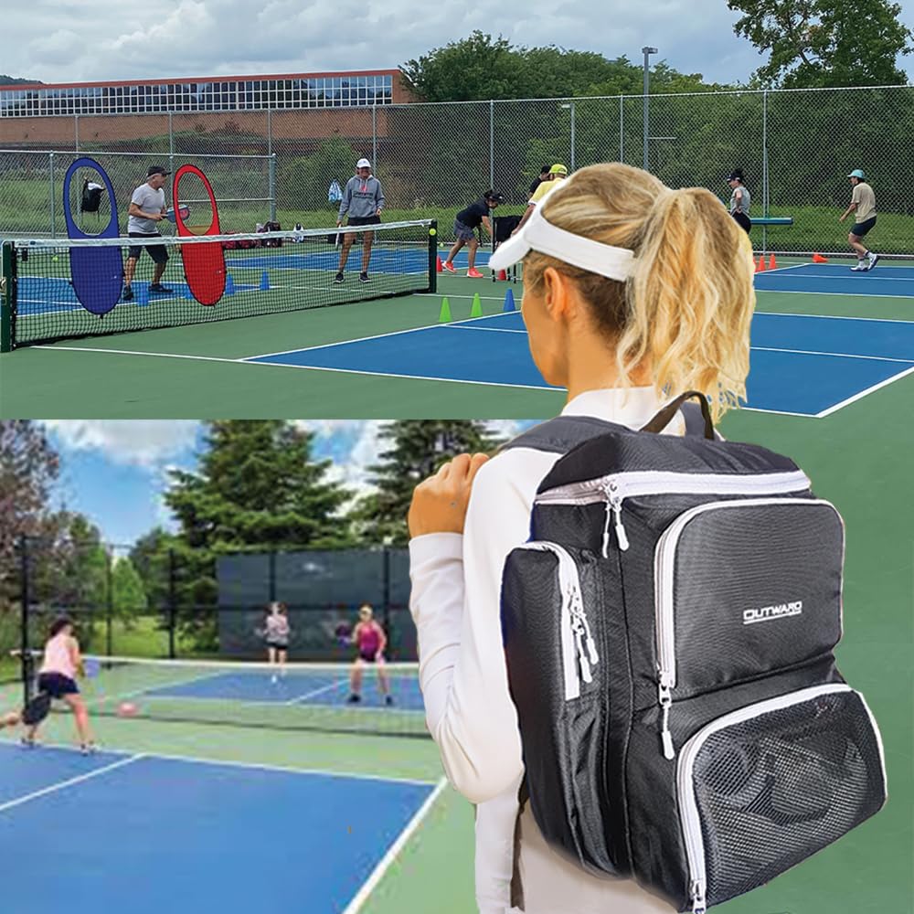 Pickleball Bag Deluxe Backpack Fits 4 Paddles and 10+ Balls - Shoe Compartment, Fence Hook, Storage Pockets, Adjustable Sling, Pickleball Accessories Equipment Bag