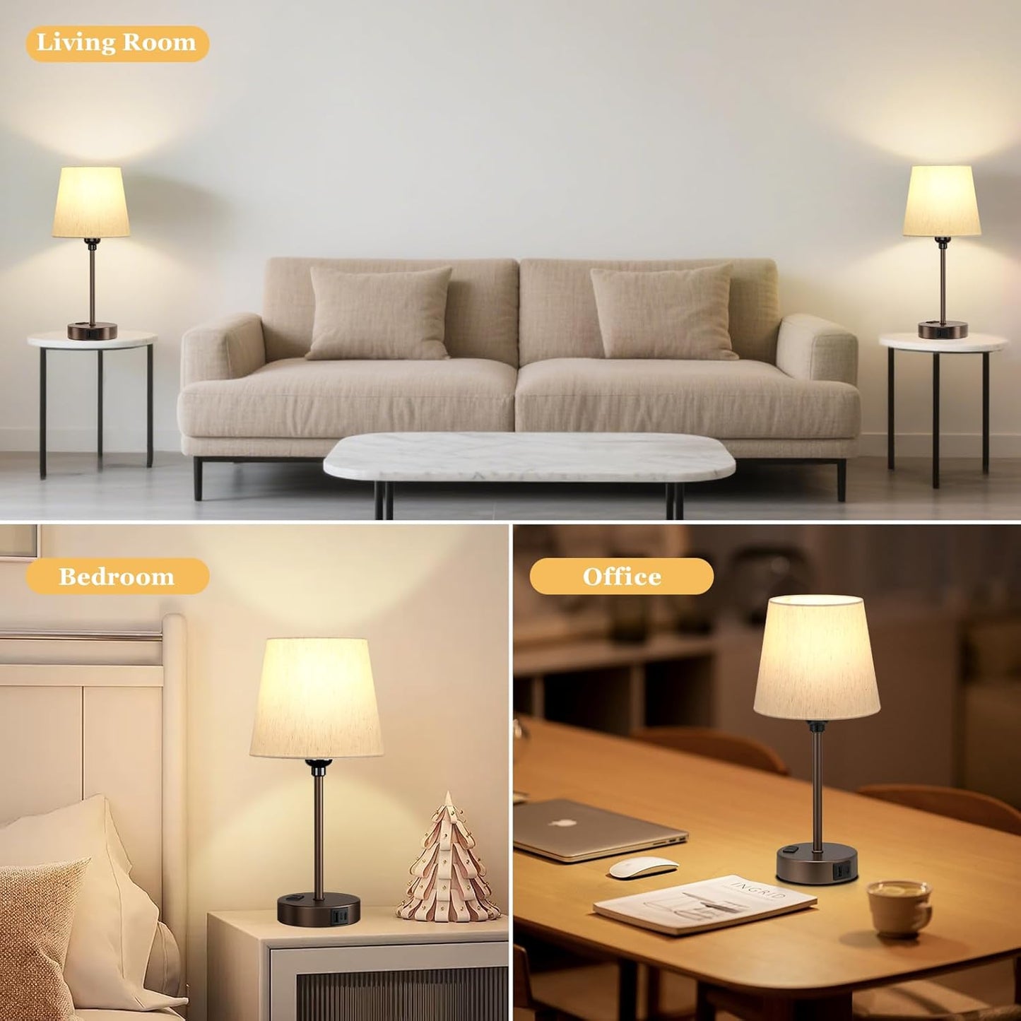 Set of 2 Mini Bedside Lamps with USB-C & AC Outlet - Dimmable Touch Nightstand Lights for Bedrooms