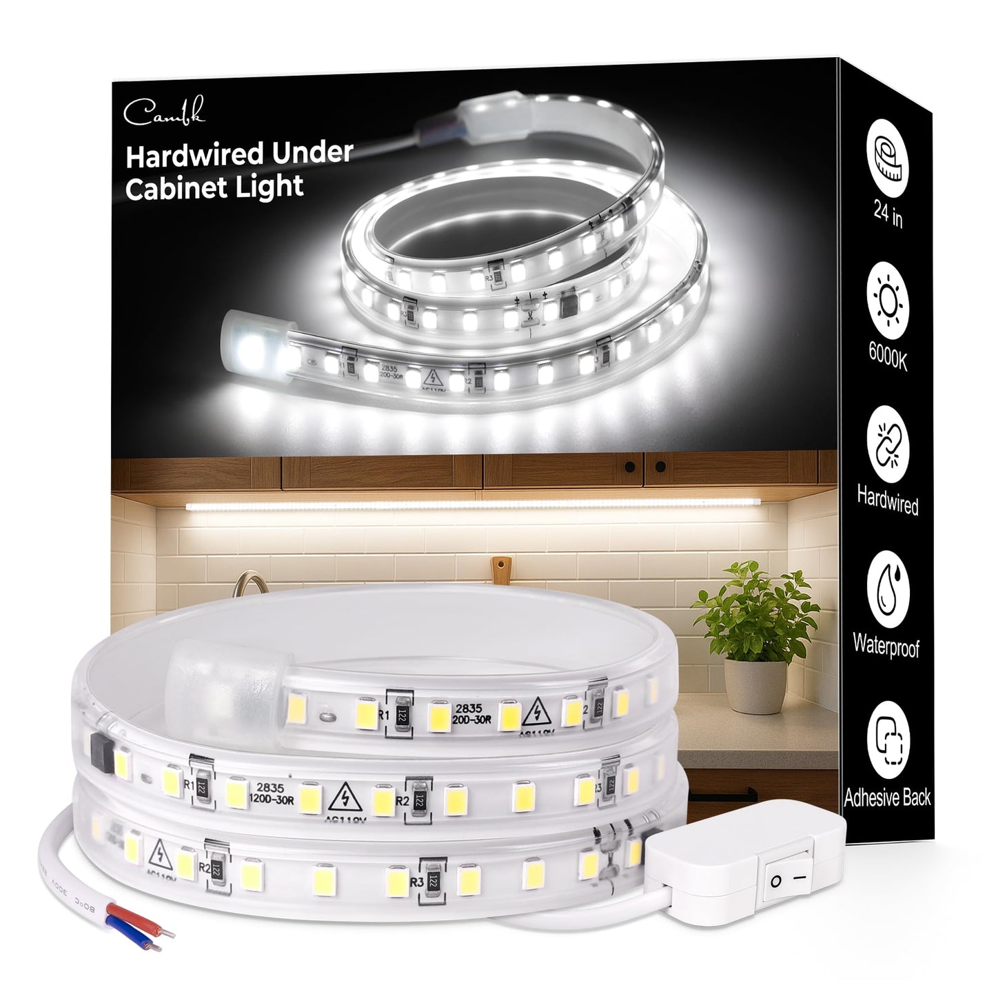 Hardwired Under Cabinet Lighting for Kitchen,24inch 6000K White Wired Undercounter Waterproof Led Strip Lights, Luces para Cocina Bajo Gabinete Under Shelf Lights