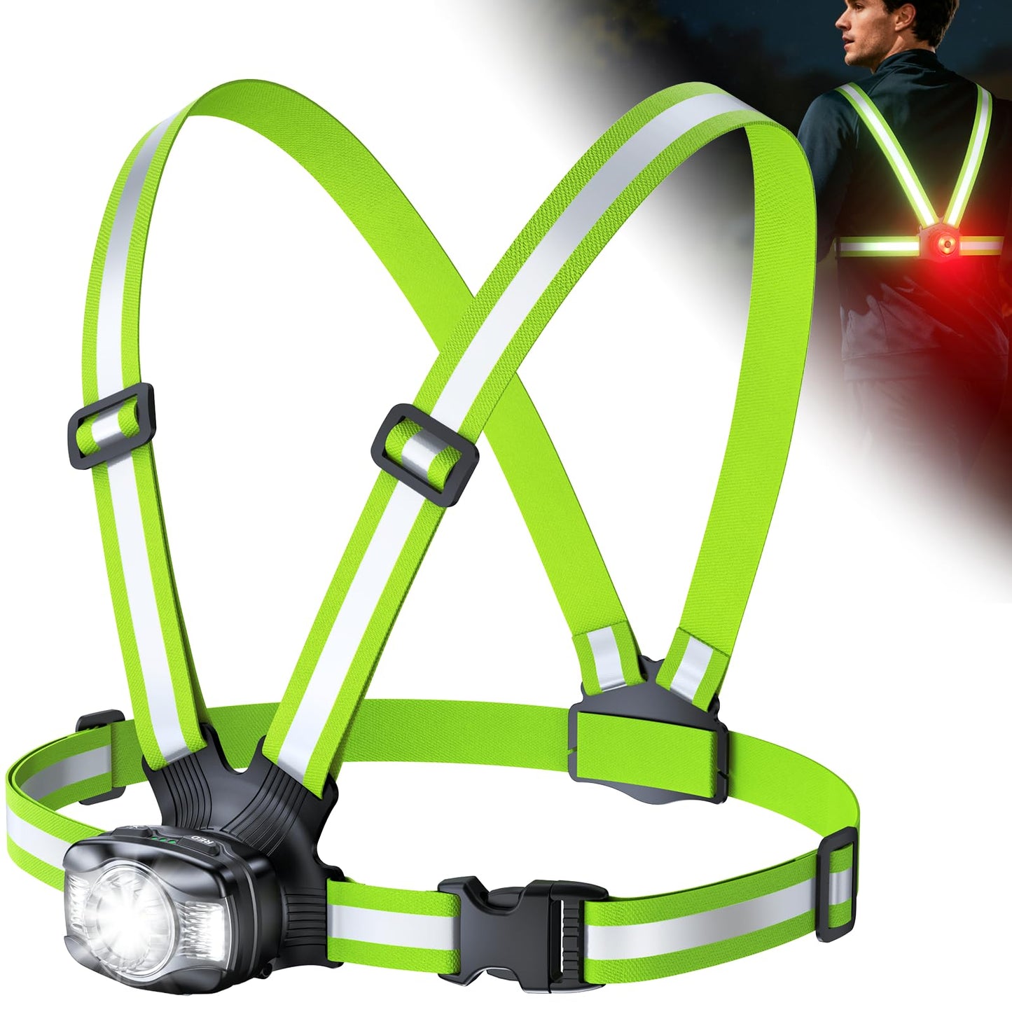 Dawinga Running Lights for Runners with Rear Light, 500 Lumens Running Light with 45° Adjustable Beam & IPX4 Waterproof, Rechargeable Reflective Vest Gear for Night Walking/Jogging, 4-20Hrs Runtime