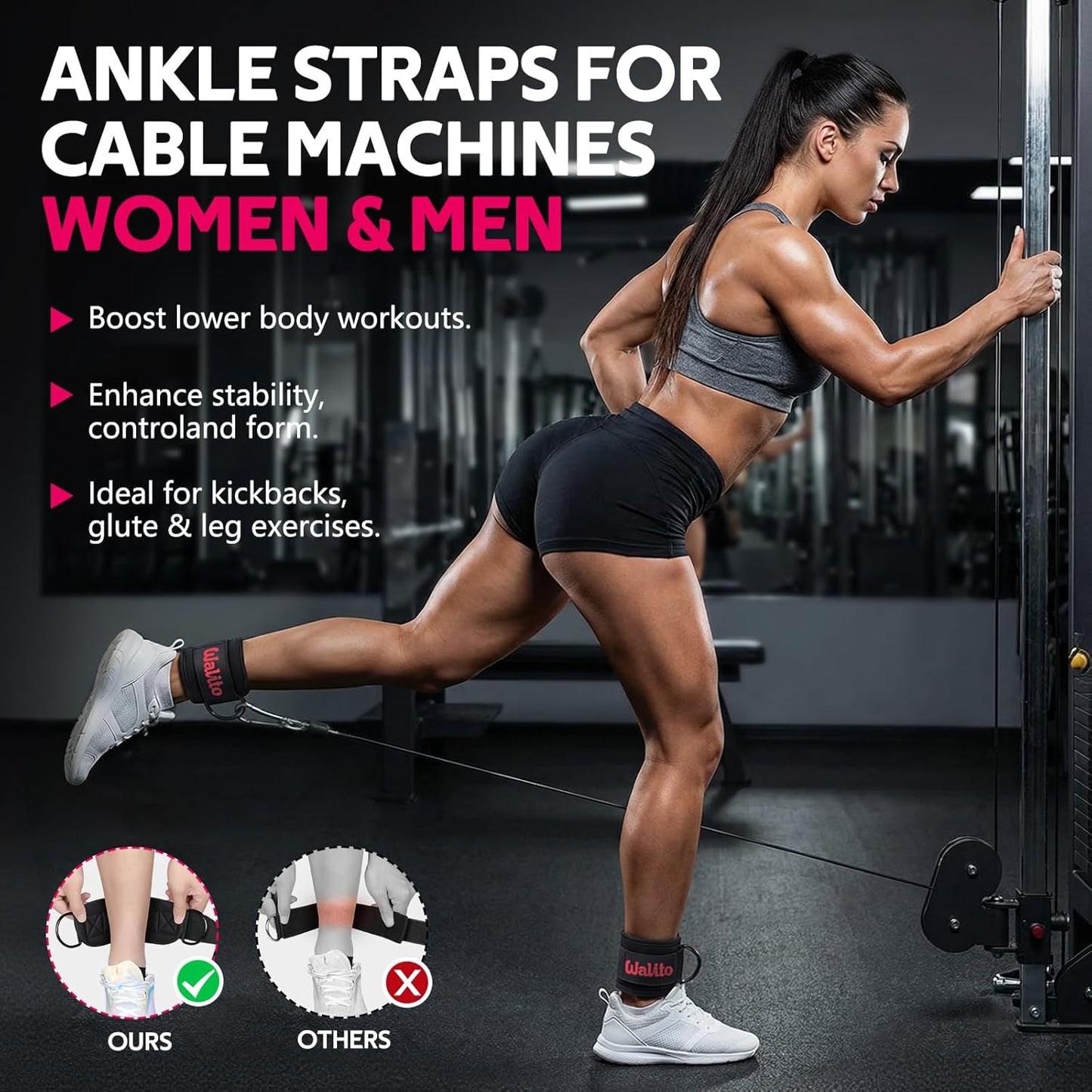 WALITO Gym Ankle Straps - Adjustable Cable Machine Accessories for Glute Kickbacks & Leg Workouts