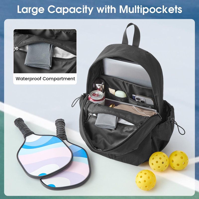 G4Free 20L Pickleball Bag for Women, Pickleball Paddle Backpack with Fence Hook, Work Travle Bag with 15" Laptop Compartment-Black