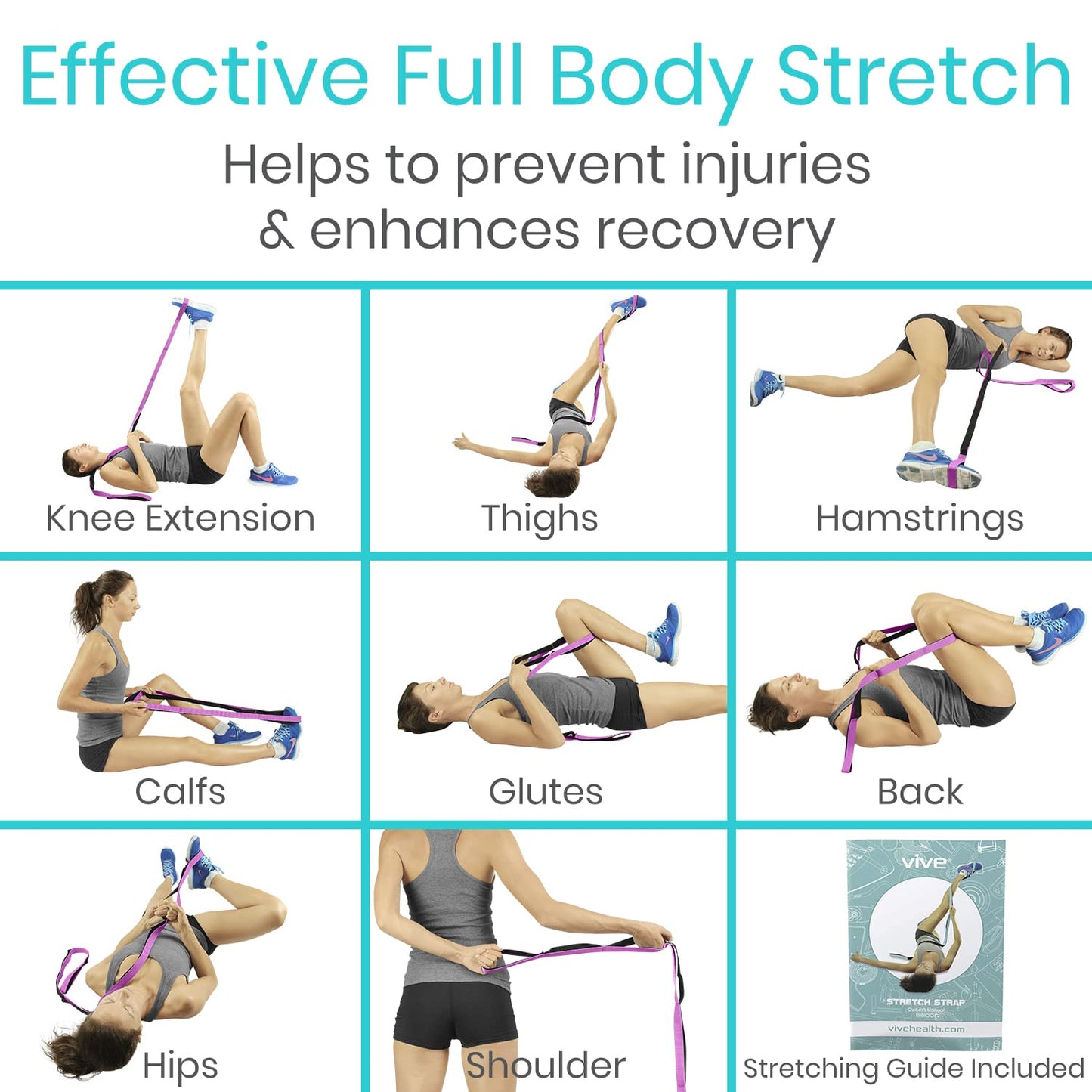 Vive Stretch Strap (75" - 10 Loops) - Leg Stretch Band to Improve Flexibility - Stretching Out Yoga Strap - Exercise and Physical Therapy Belt for Rehab, Pilates and Gymnastics with Guide Book