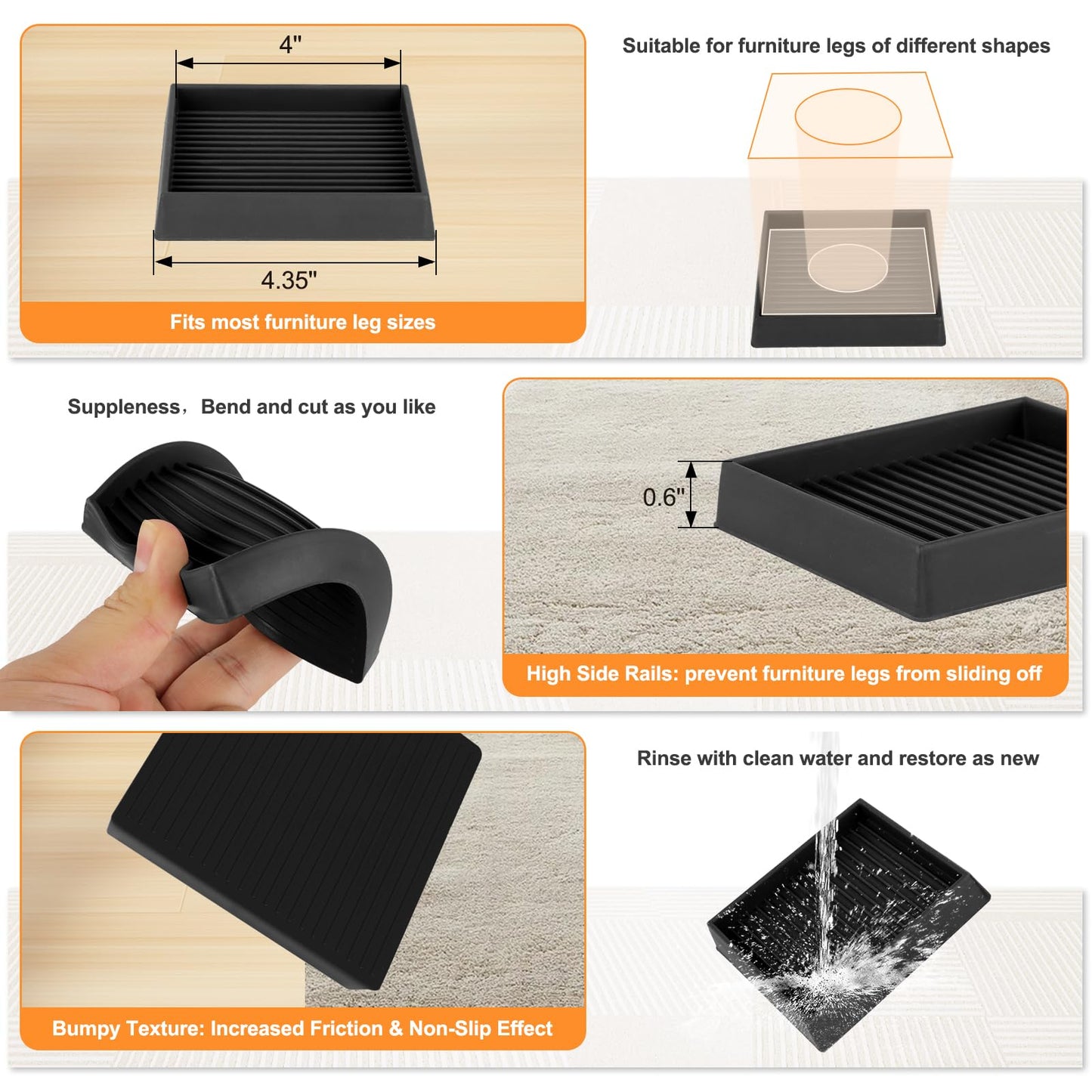 xxxHOLIC Non Slip Furniture Pads for Hardwood Floors, 4 * 4 Inch Black, Set of 4, Rubber Bed Stoppers to Prevent Sliding, Furniture Coasters for Protecting Floors from Scratches and Reduce Noise